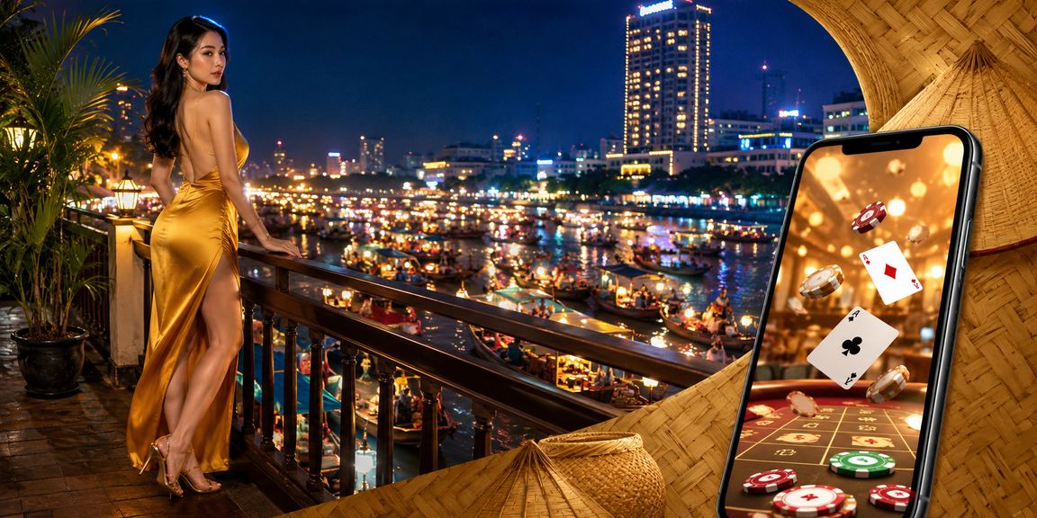 Người chơi bài tại Cần Thơ với nón lá truyền thống bên cạnh thiết bị di động